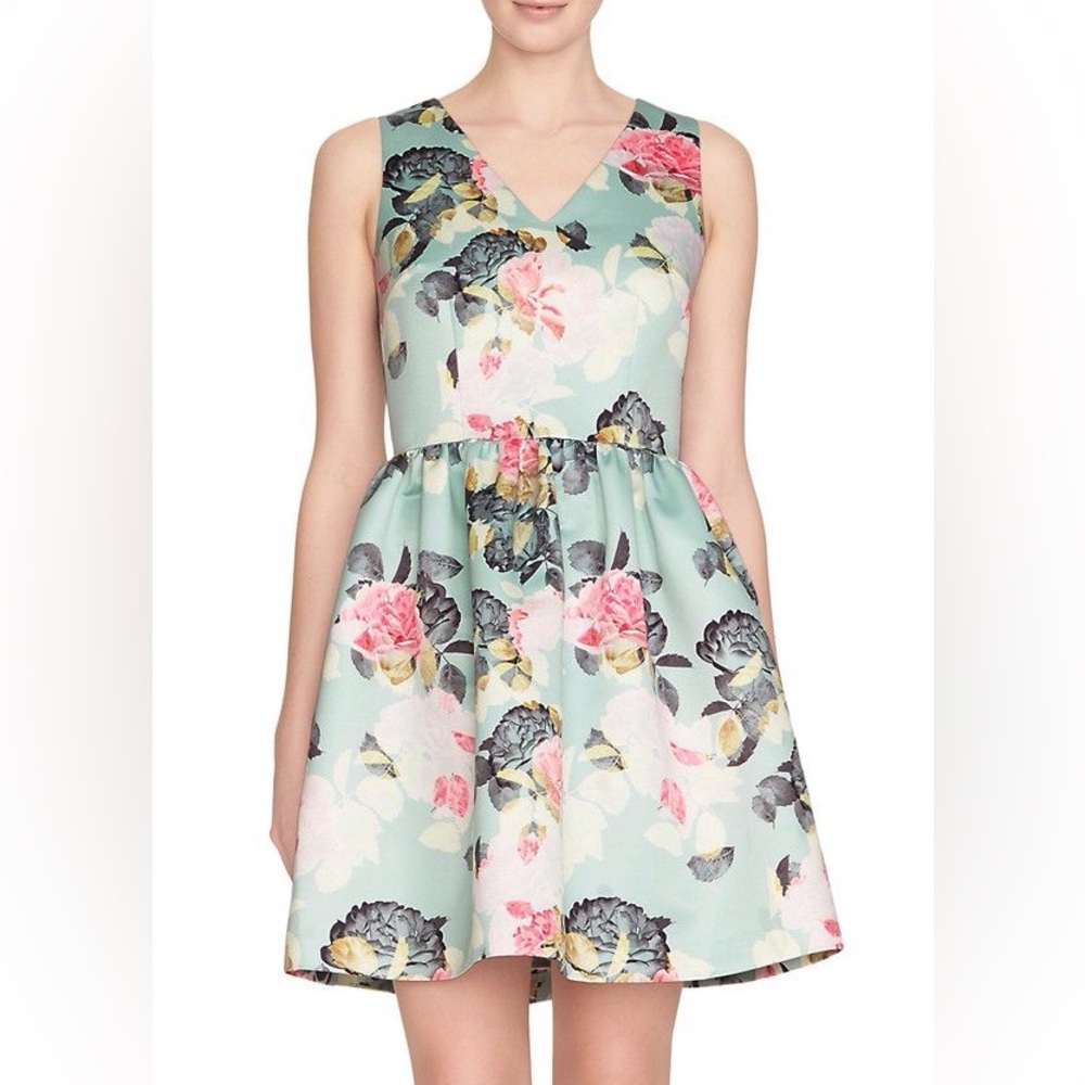 EUC CeCe By Cynthia Steffe Blue V-Neck Floral-Printed Fit and Flare Dress size 2